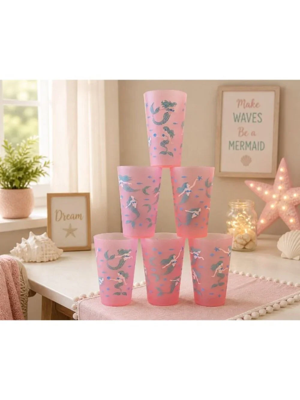 6 New Pink Ocean Mermaid Plastic Indoor Outdoor Party Beverage Cup Set
